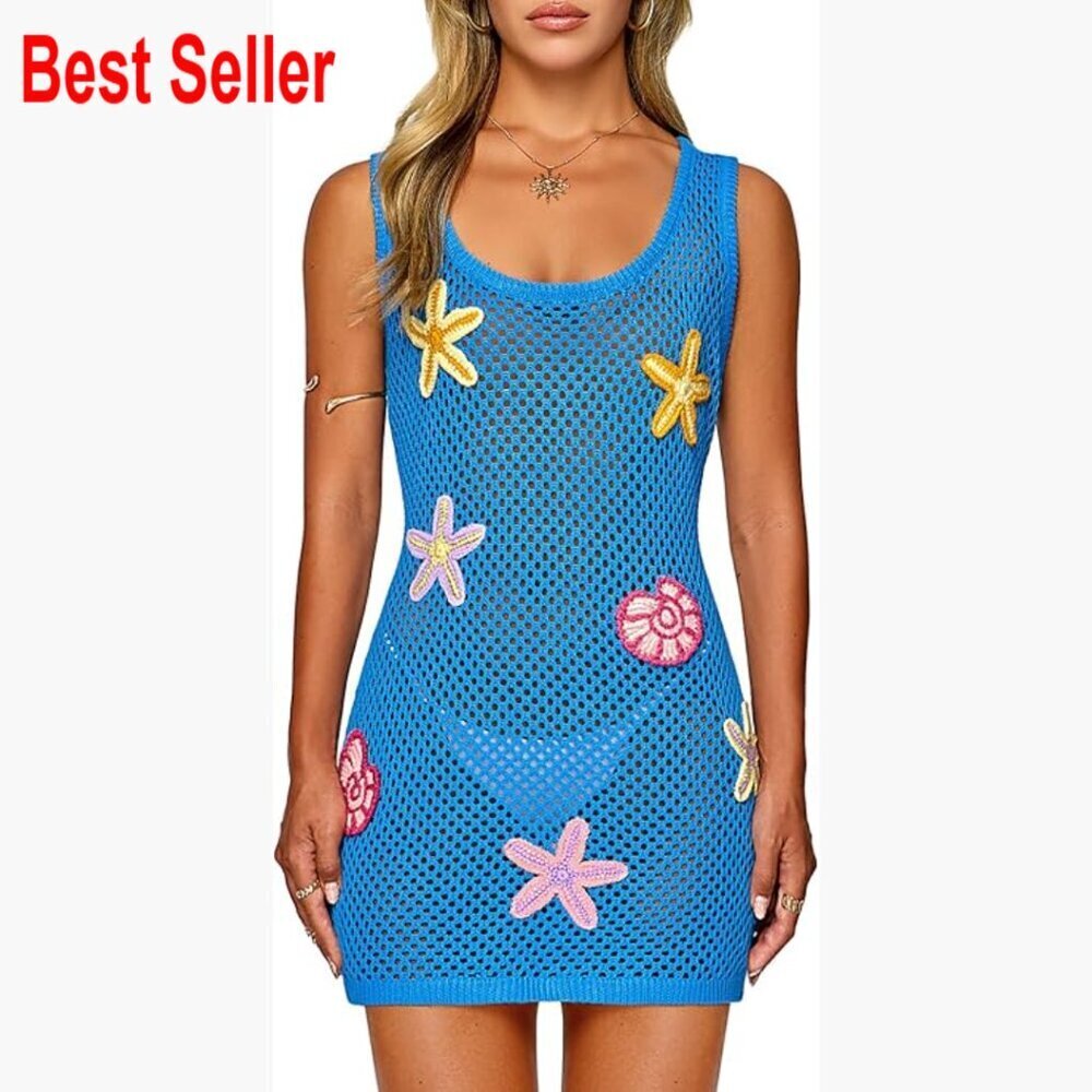 Crochet Mesh Cover Up with 3D Starfish Shells, Sleeveless Mini Dress